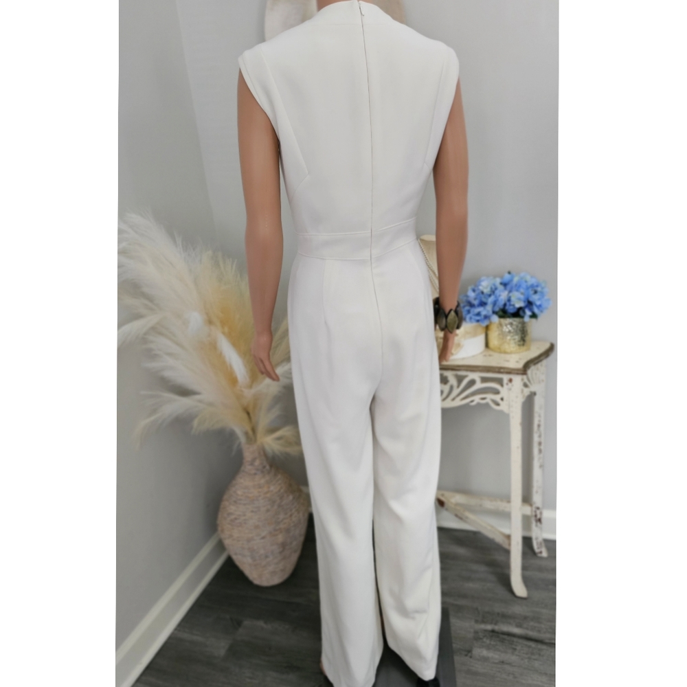 Tahari By ASL Off White Raised Collar Sleeveless Solid Crepe Jumpsuit - Picture 2 of 7